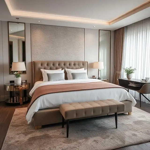A beautifully styled luxury bed in a modern bedroom