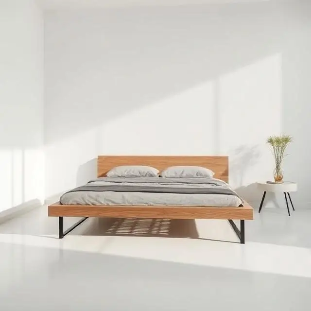 A low-profile bed frame in a minimalist room