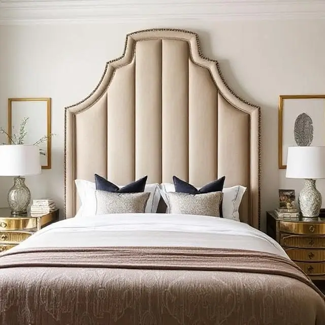 A tall, statement headboard behind a bed