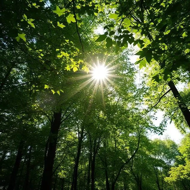 Sunlight filtering through green forest leaves