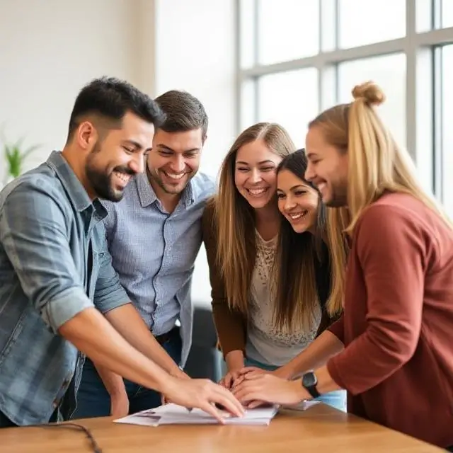 A team collaborating and smiling