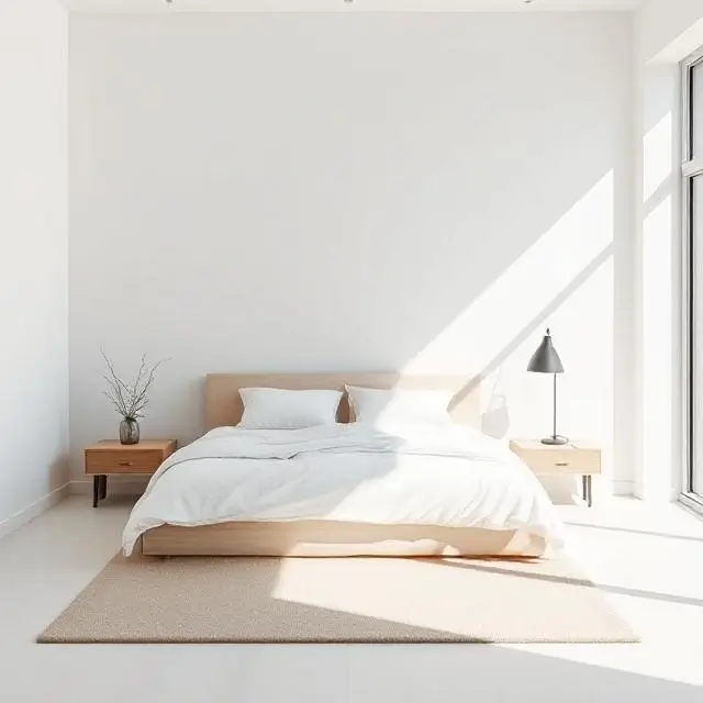 Minimalist bed in a bright, airy room