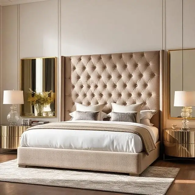 Luxurious upholstered bed with a tall headboard