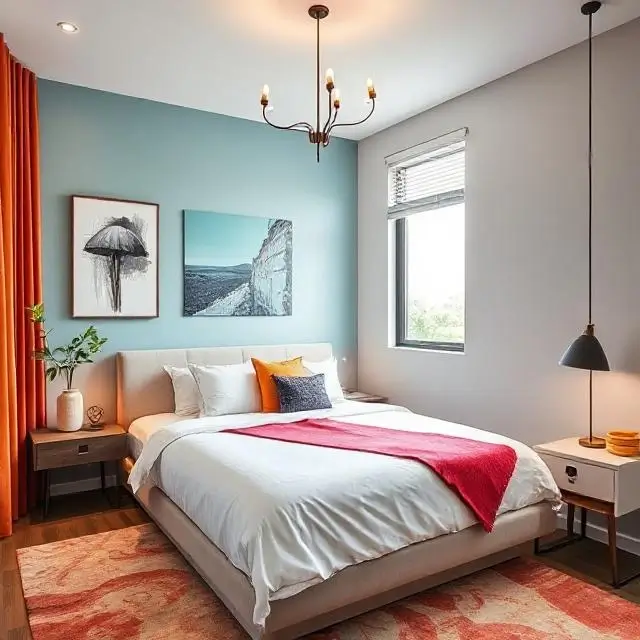 Stylish bedroom with a modern bed and vibrant decor