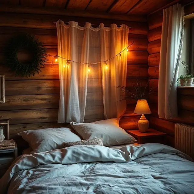 Cozy bedroom with warm lighting and a comfortable bed