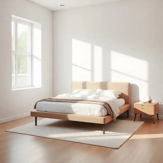 Minimalist bedroom with a sleek bed frame and natural light