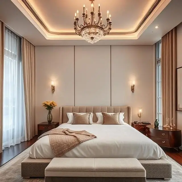 Luxury bedroom interior with a large, comfortable bed