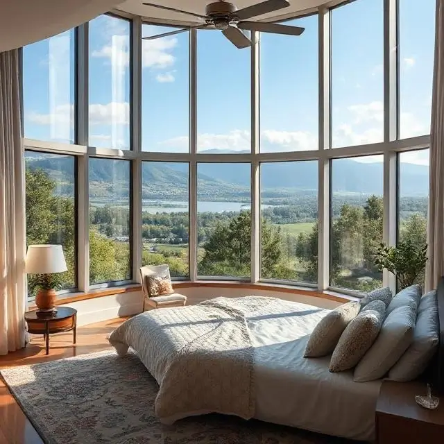 Bedroom with large windows and a view