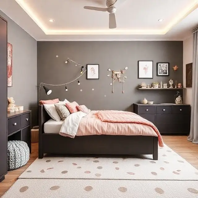 A child's bedroom with a stylish bed