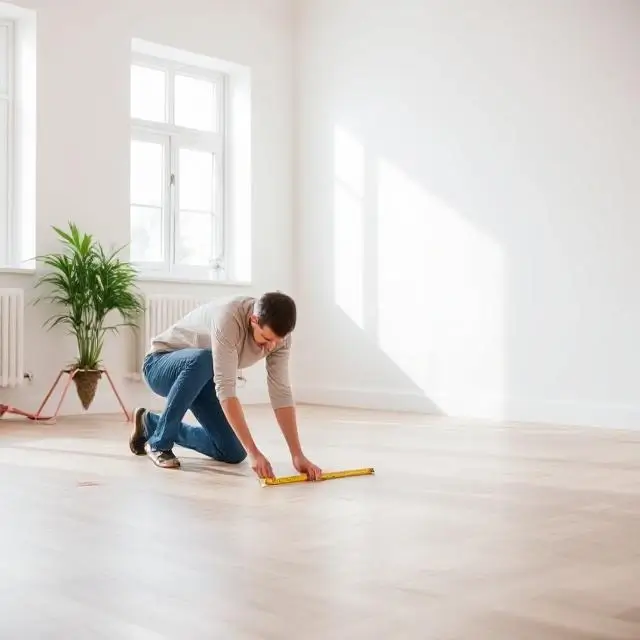 A person measuring floor space in a bright room