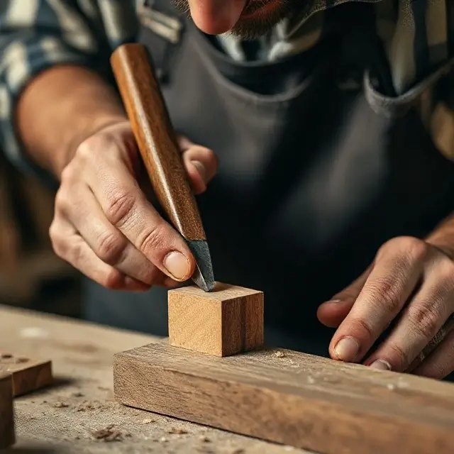 Close-up of a craftsman creating a wood joint