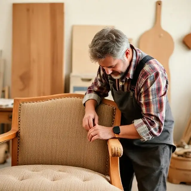 Artisan carefully working on furniture upholstery
