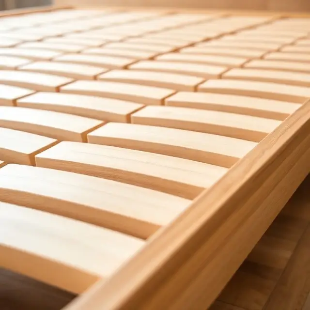 Close-up of laminated beechwood slats on a bed frame
